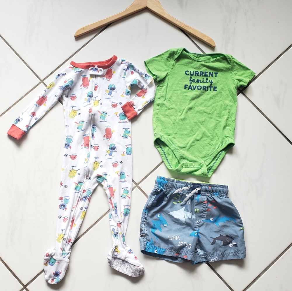 Carters 💙‎ Lot 3 Sleeper Swim Shorts Funny Tshirt